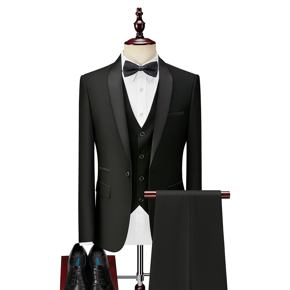 Classic Men's 3-Piece Shawl Lapel Tuxedo Suit - Slim Fit Formal Jacket, Vest & Pants with Free Bow Tie