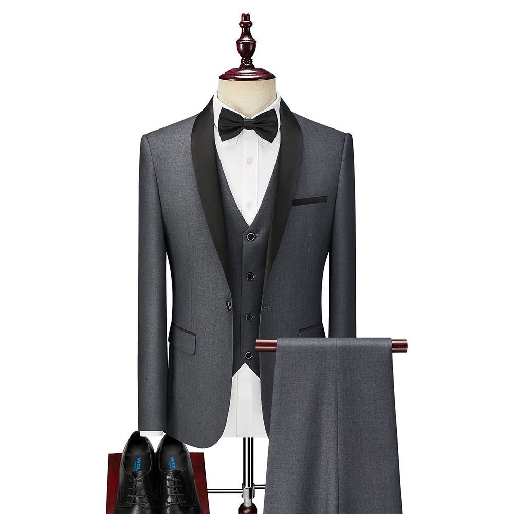 Classic Men's 3-Piece Shawl Lapel Tuxedo Suit - Slim Fit Formal Jacket, Vest & Pants with Free Bow Tie