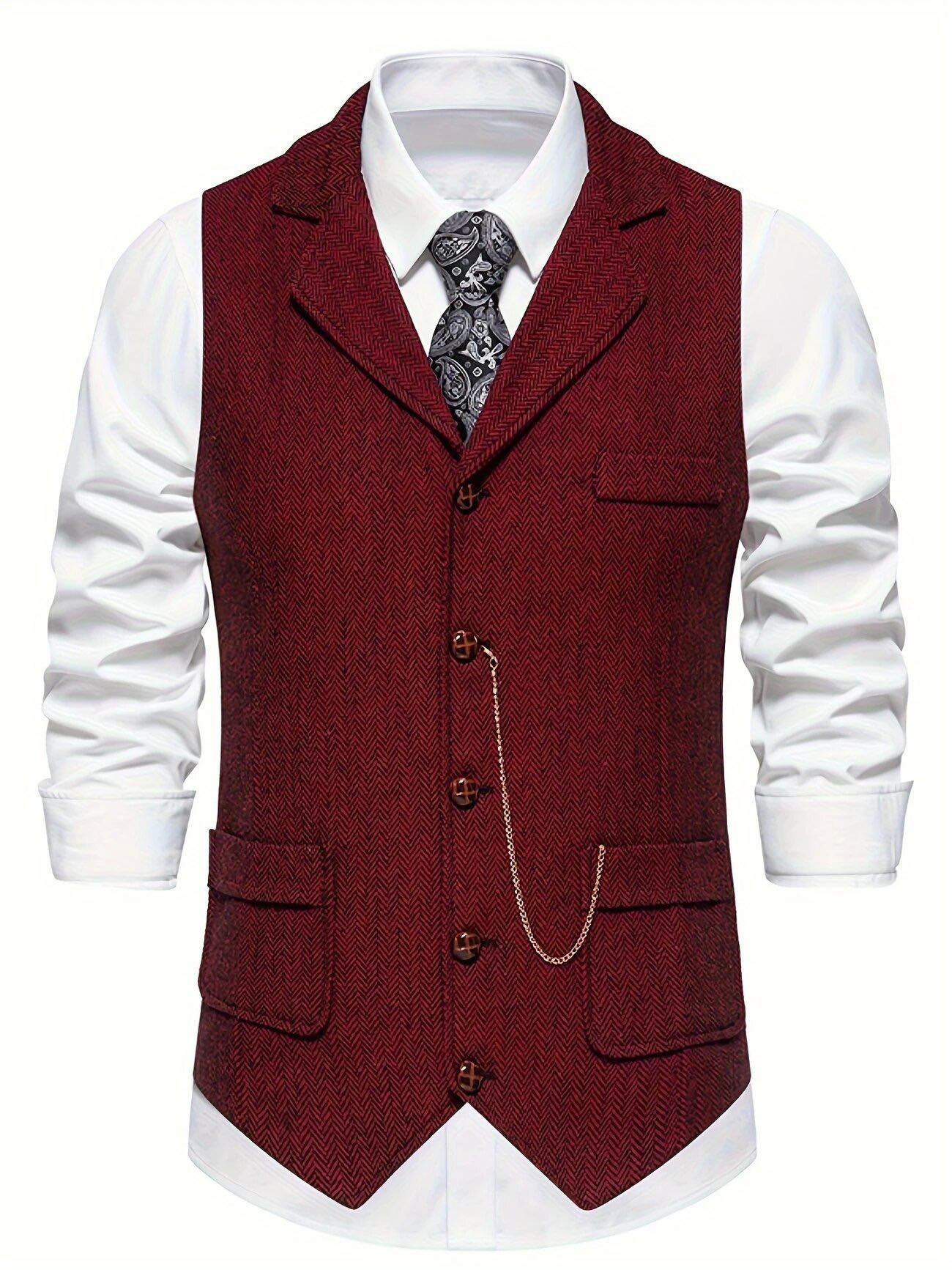 Vintage British Style Men's Plaid Vest - Retro Herringbone Tweed Gilet with Flap Pockets for Groomsmen