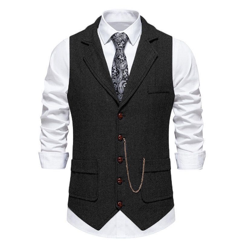 Vintage British Style Men's Plaid Vest - Retro Herringbone Tweed Gilet with Flap Pockets for Groomsmen