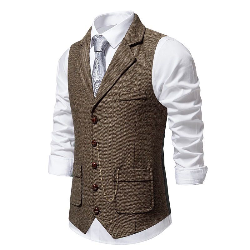 Vintage British Style Men's Plaid Vest - Retro Herringbone Tweed Gilet with Flap Pockets for Groomsmen