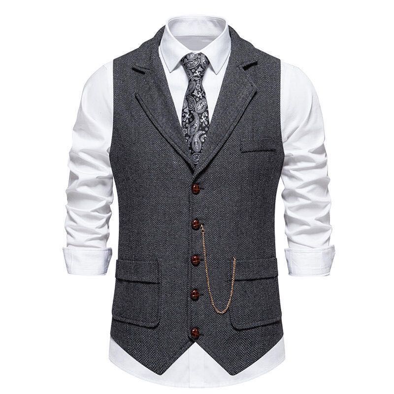 Vintage British Style Men's Plaid Vest - Retro Herringbone Tweed Gilet with Flap Pockets for Groomsmen