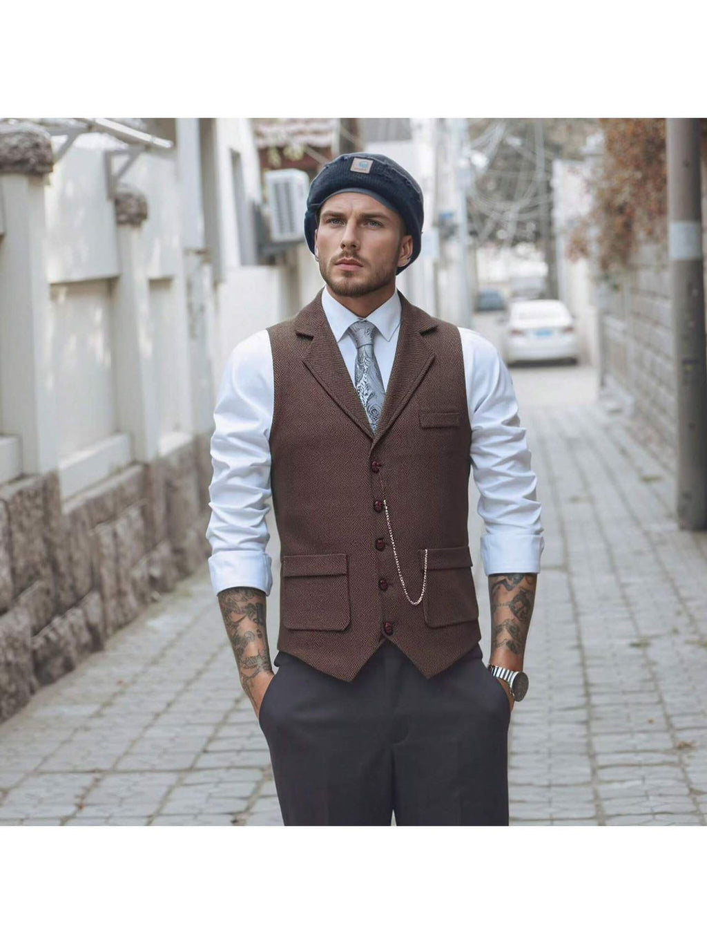 Vintage British Style Men's Plaid Vest - Retro Herringbone Tweed Gilet with Flap Pockets for Groomsmen