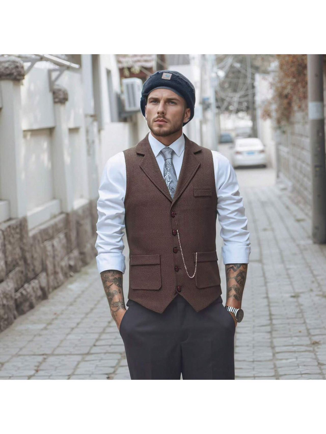 Vintage British Style Men's Plaid Vest - Retro Herringbone Tweed Gilet with Flap Pockets for Groomsmen