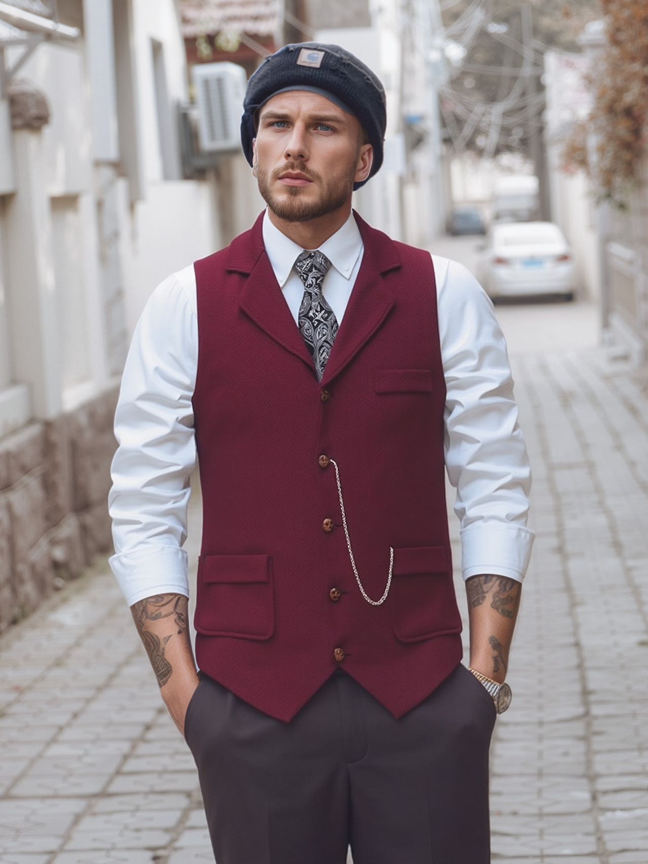 Vintage British Style Men's Plaid Vest - Retro Herringbone Tweed Gilet with Flap Pockets for Groomsmen