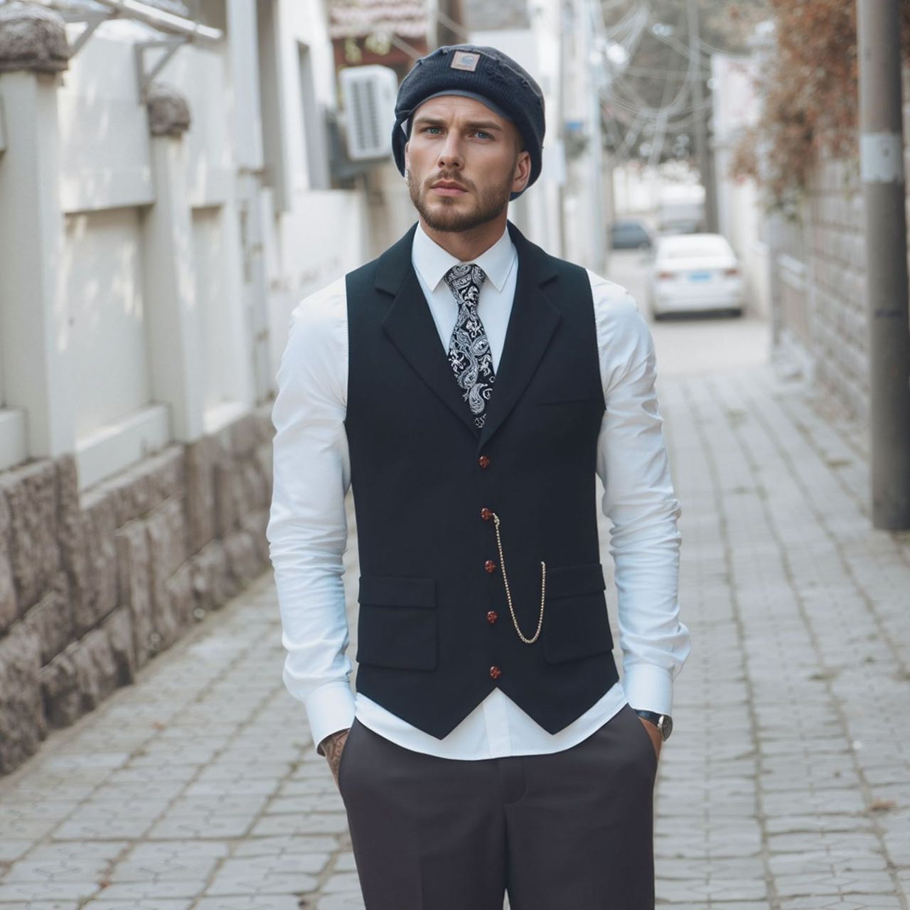 Vintage British Style Men's Plaid Vest - Retro Herringbone Tweed Gilet with Flap Pockets for Groomsmen