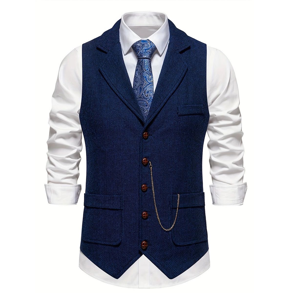 Vintage British Style Men's Plaid Vest - Retro Herringbone Tweed Gilet with Flap Pockets for Groomsmen