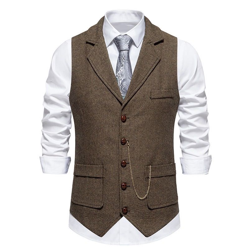 Vintage British Style Men's Plaid Vest - Retro Herringbone Tweed Gilet with Flap Pockets for Groomsmen