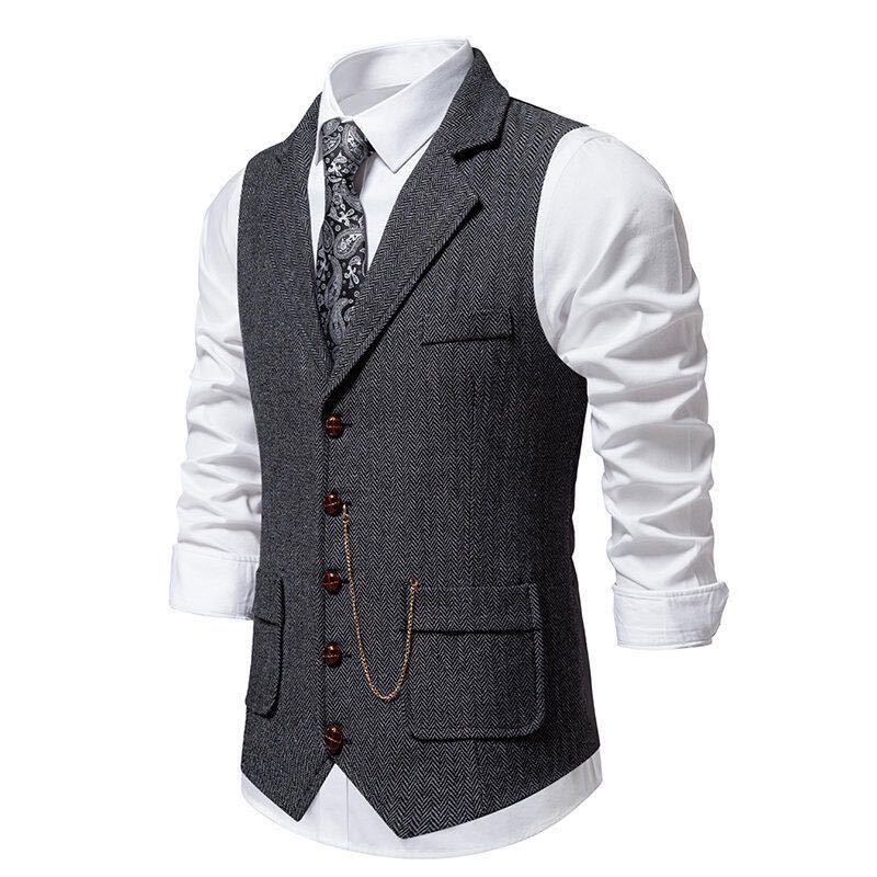 Vintage British Style Men's Plaid Vest - Retro Herringbone Tweed Gilet with Flap Pockets for Groomsmen