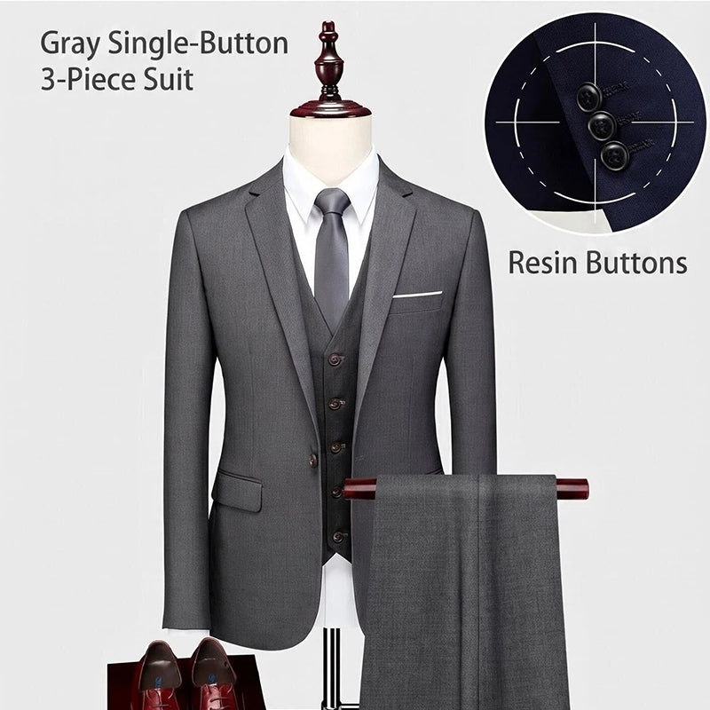 Men's Slim Fit 3-Piece Suit - Classic Notch Lapel Wedding & Business Tuxedo Set