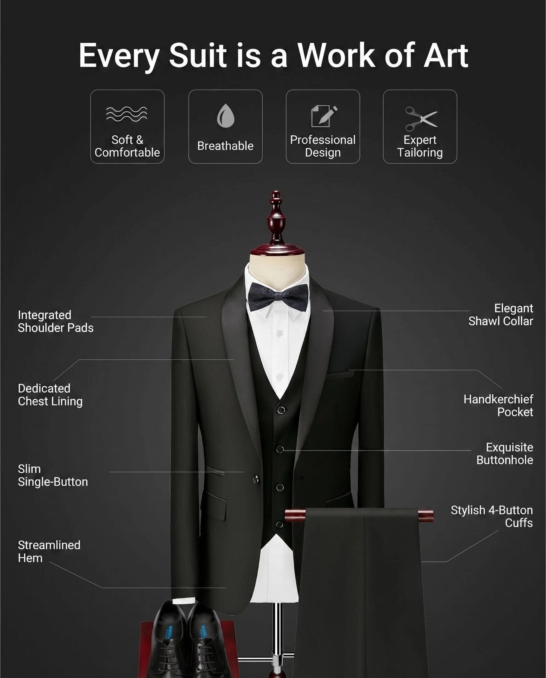 Classic Men's 3-Piece Shawl Lapel Tuxedo Suit - Slim Fit Formal Jacket, Vest & Pants with Free Bow Tie